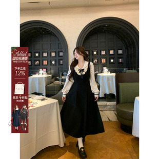 安妮不火 假两件收腰长裙 学院风缎面娃娃领呢料连衣裙女微胖大码