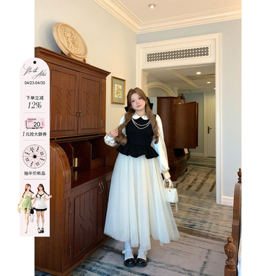 安妮不火 重磅款千金风撞色网纱连衣裙女微胖大码拼接荷叶边裙子