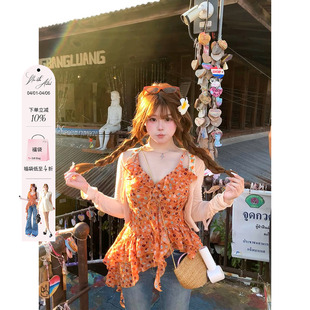 设计感小衫 泡泡雪纺纱不规则荷叶边碎花吊带女微胖大码 安妮不火