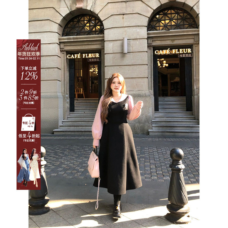 安妮不火 学院风烫钻细闪呢子料连衣裙女微胖大码假两件毛呢裙子,女装/女士精品,连衣裙,淘宝优惠券,粉丝福利购,淘宝优惠卷