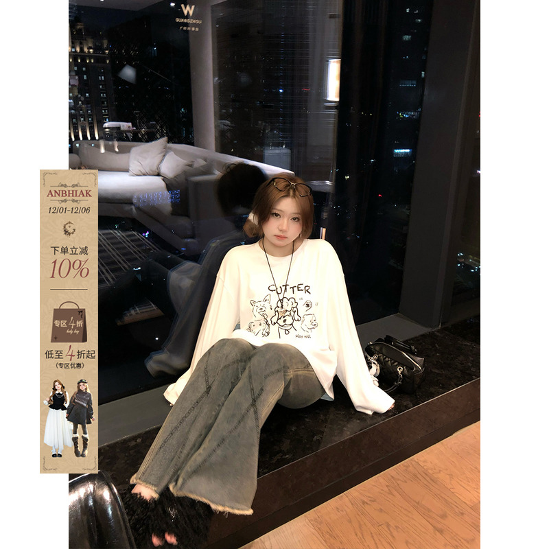 安妮不火 俏皮减龄手工狗狗印花宽松T恤女秋微胖大码美式显瘦上衣