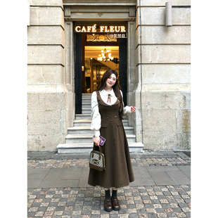 安妮不火 英伦风假两件条纹呢子连衣裙女微胖大码收腰气质长裙子