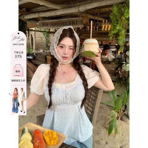 安妮不火 温柔系棉感花边假两件碎花上衣女微胖大码甜美收腰小衫