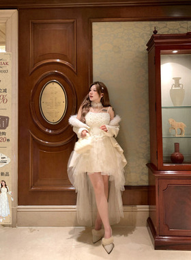 安妮不火 雪尼尔羽毛蕾丝荷叶边吊带裙女微胖大码公主裙两件套装