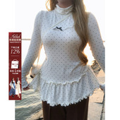 安妮不火 上衣 可爱长袖 甜美系波点印花蕾丝花边针织衫 女微胖大码