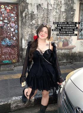 安妮不火 纯欲荷叶边雪纺短裙女2025春夏新款微胖大码小黑裙套装