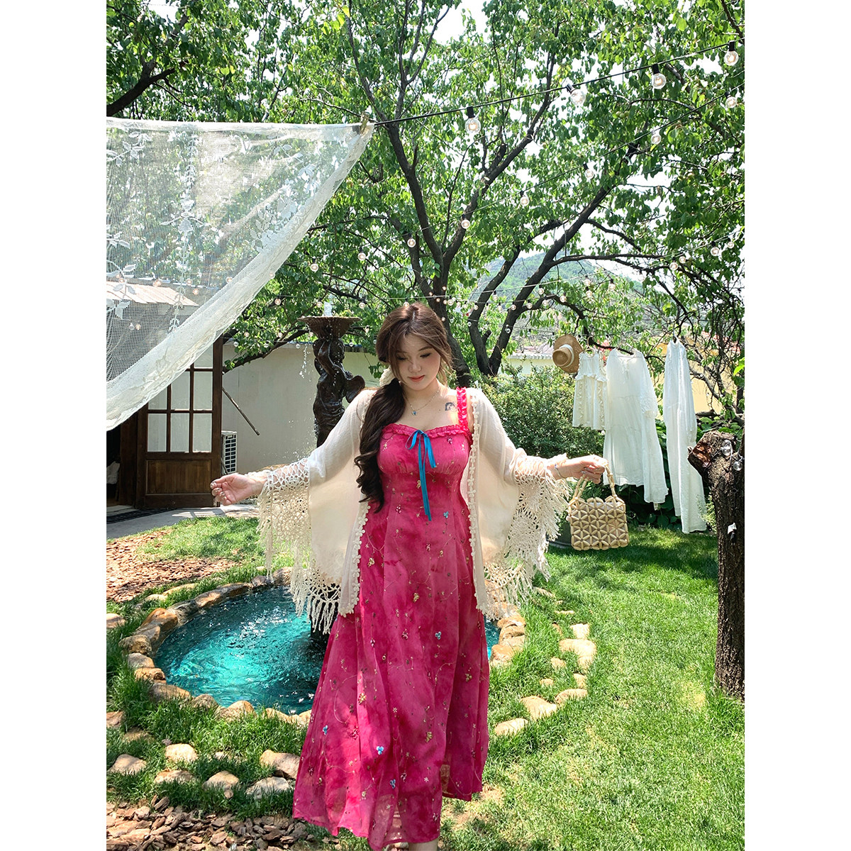 安妮不火 莫奈玫瑰阶扎染绣花雪纺连衣裙女微胖大码收腰吊带裙子图片