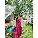 安妮不火 莫奈玫瑰阶扎染绣花雪纺连衣裙女微胖大码收腰吊带裙子