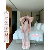 可爱条纹套装 安妮不火貂毛毛织外套吊带加绒长裤 三件套女微胖大码