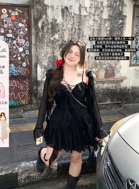 安妮不火 纯欲荷叶边雪纺短裙女2025春夏新款微胖大码小黑裙套装