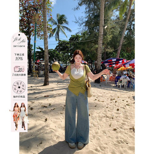 安妮不火 复古水洗做旧磨白宽松阔腿牛仔裤女微胖大码经典牛仔裤