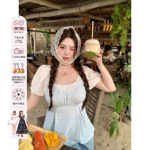 安妮不火 温柔系棉感花边假两件碎花上衣女微胖大码甜美收腰小衫