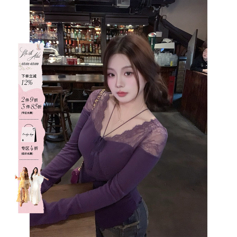 安妮不火 蕾丝拼接领高弹双面磨毛针织T恤女微胖大码半透视小上衣