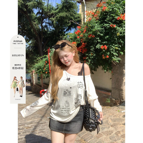 安妮不火 70莱赛尔kitty印花微透宽松T恤女微胖大码甜酷宽松罩衫