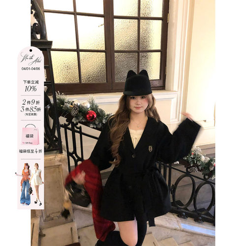 安妮不火 气质慵懒单排扣系带双面呢外套女微胖大码收腰毛呢外套