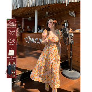 安妮不火海边度假纯棉碎花长裙女2025春夏新款 收腰连衣裙 微胖大码