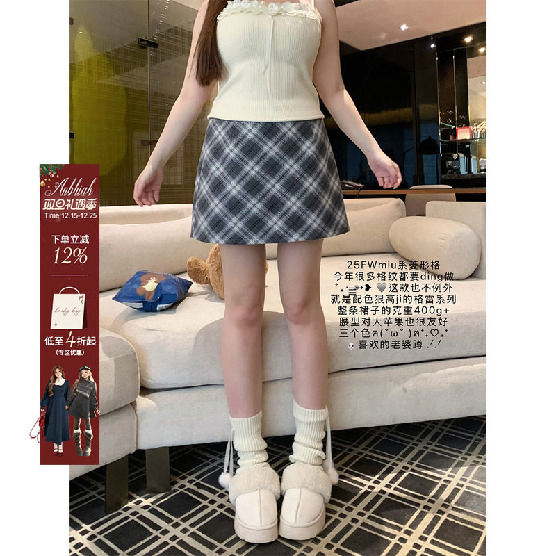 安妮不火 复合加厚菱形格纹呢料A字半身裙女微胖大码气质调性短裙