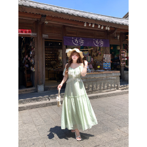 安妮不火 度假风蕾丝花边碎花雪纺吊带裙女微胖大码收腰显瘦长裙
