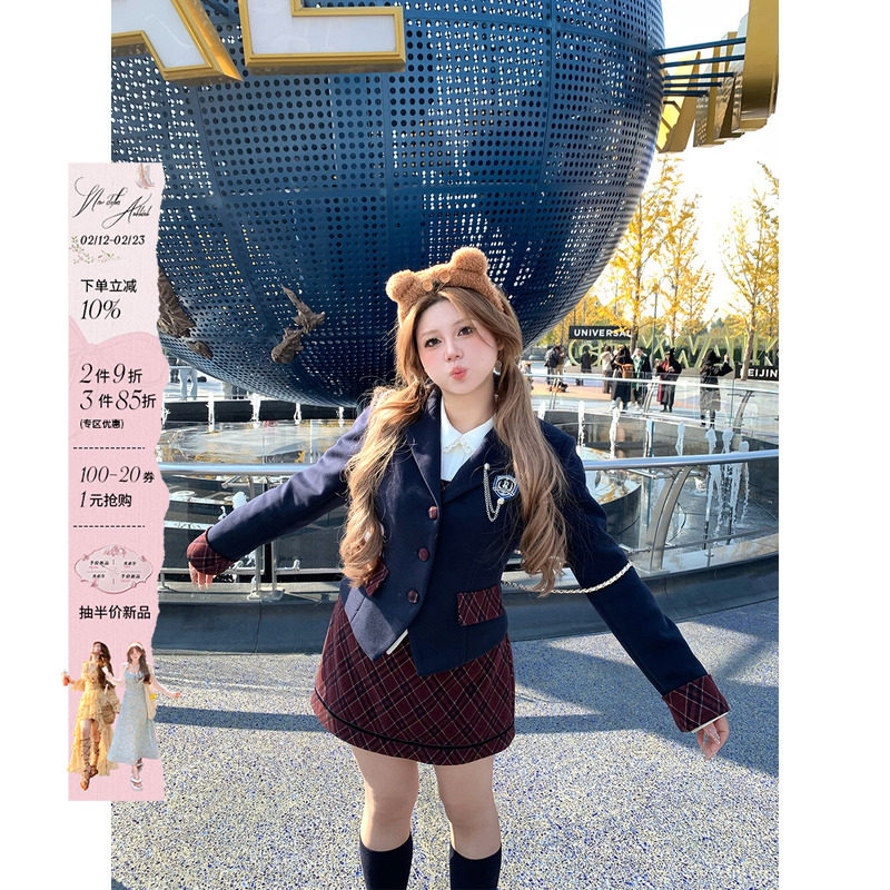 安妮不火英伦学院风夹棉呢料西装套组女微胖大码收腰显瘦四件套装