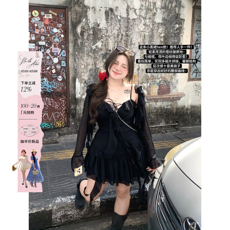 安妮不火 纯欲荷叶边雪纺短裙女2025春夏新款微胖大码小黑裙套装