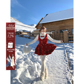 安妮不火甜美系蝴蝶结绣花呢料背心连衣裙女微胖大码 圣诞两件套装