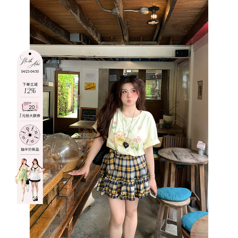 安妮不火奶昔格野木耳边绑带格纹半身裙女夏季微胖大码格子短裙子