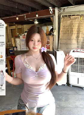安妮不火 假两件花边拼接领莱赛尔高弹T恤女微胖大码纯欲收腰上衣
