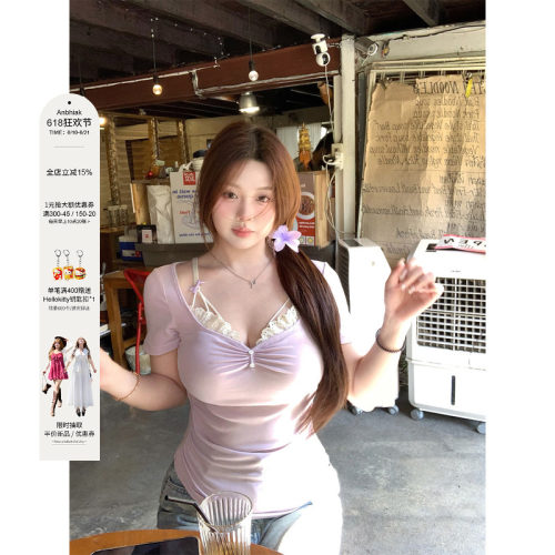 安妮不火 假两件花边拼接领莱赛尔高弹T恤女微胖大码纯欲收腰上衣