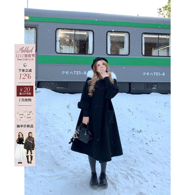 安妮不火 甜美减龄蝴蝶结袖双面呢大衣女微胖大码毛领呢子长外套