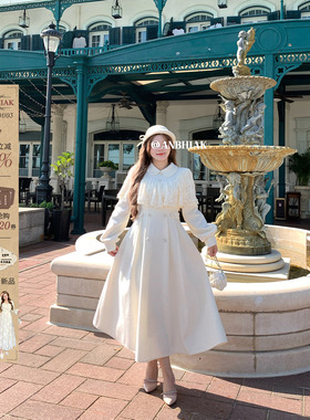 安妮不火 气质收腰蕾丝斗篷呢子连衣裙女微胖大码毛呢千金大摆裙