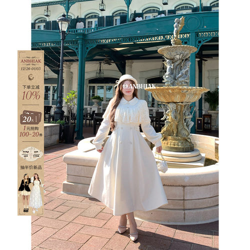 安妮不火 气质收腰蕾丝斗篷呢子连衣裙女微胖大码毛呢千金大摆裙