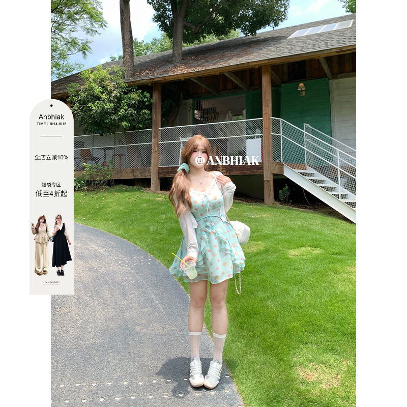 安妮不火 花边拼接荷叶边印花雪纺连衣裙女微胖大码度假风吊带裙图片