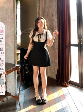 安妮不火 学院风娃娃领连衣裙女2024夏季新款微胖大码短袖小裙子