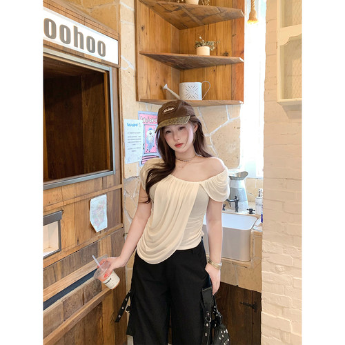 安妮不火 纯欲风95%莱赛尔罗马碎褶斜肩T恤女微胖大码设计感上衣