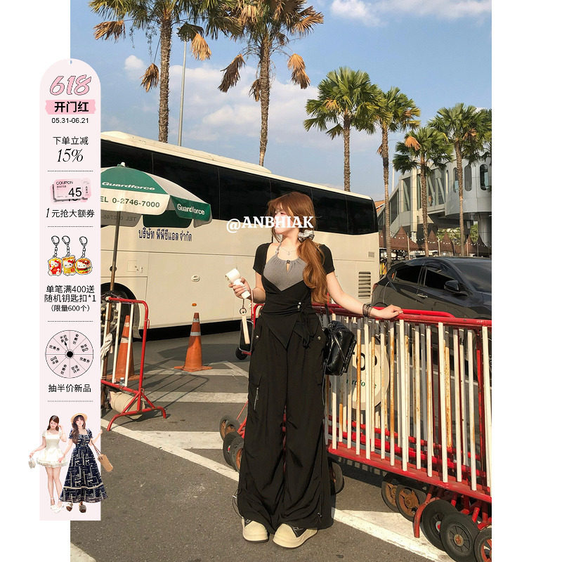 安妮不火  酷感不设限松弛感可调节伞兵裤女微胖大码宽松显瘦长裤