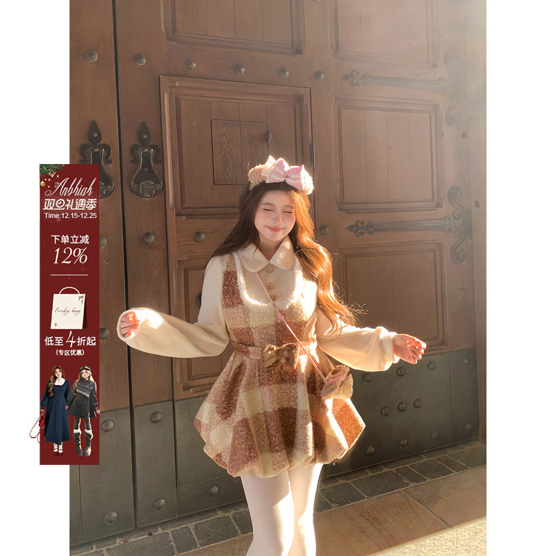 安妮不火 甜美毛绒针织拼接呢料格纹花苞裙女微胖大码收腰公主裙