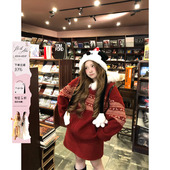 安妮不火 毛绒连帽外套 费尔岛小鹿提花银狐绒外套&半裙女微胖大码