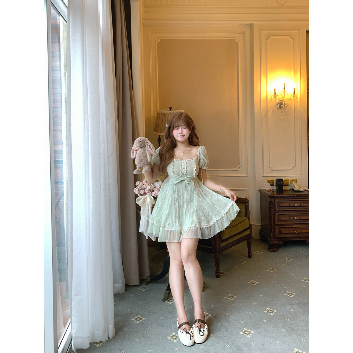 安妮不火 蝴蝶结花边拼接乱褶雪纺娃娃裙女微胖大码少女感连衣裙图片