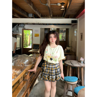 安妮不火奶昔格野木耳边绑带格纹半身裙女夏季微胖大码格子短裙子