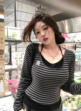 安妮不火小猫章仔撞色条纹绑带针织衫女微胖大码收腰显瘦长袖上衣