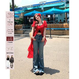 安妮不火度假风开叉红色连衣裙女2024夏季 不规则裙子 微胖大码 新款