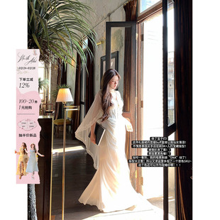 安妮不火银戒吻痕气质鱼骨雪纺女神拖尾裙女新款微胖大码半透视裙