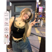 背心 微胖大码 安妮不火 性感甜辣风豹纹拼接假两件吊带女2024新款