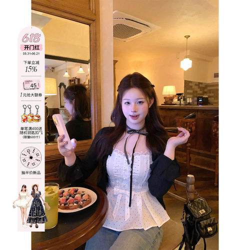 安妮不火棉质波点蕾丝拼接蝴蝶结收腰吊带女微胖大码收腰上衣套装