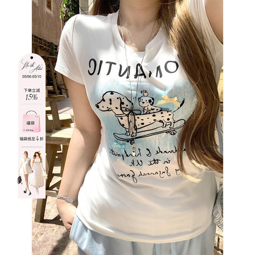 安妮不火 氣水海盐番甜酷斑点狗印花T恤女夏微胖大码收腰短袖上衣
