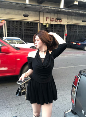 安妮不火 设计感挂脖荡领五分袖针织小黑裙女微胖大码收腰名媛裙