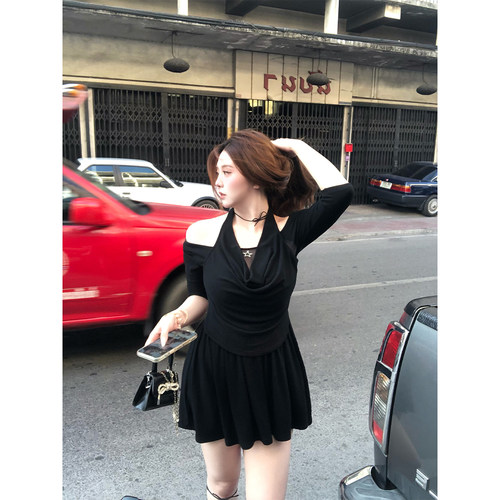 安妮不火 设计感挂脖荡领五分袖针织小黑裙女微胖大码收腰名媛裙