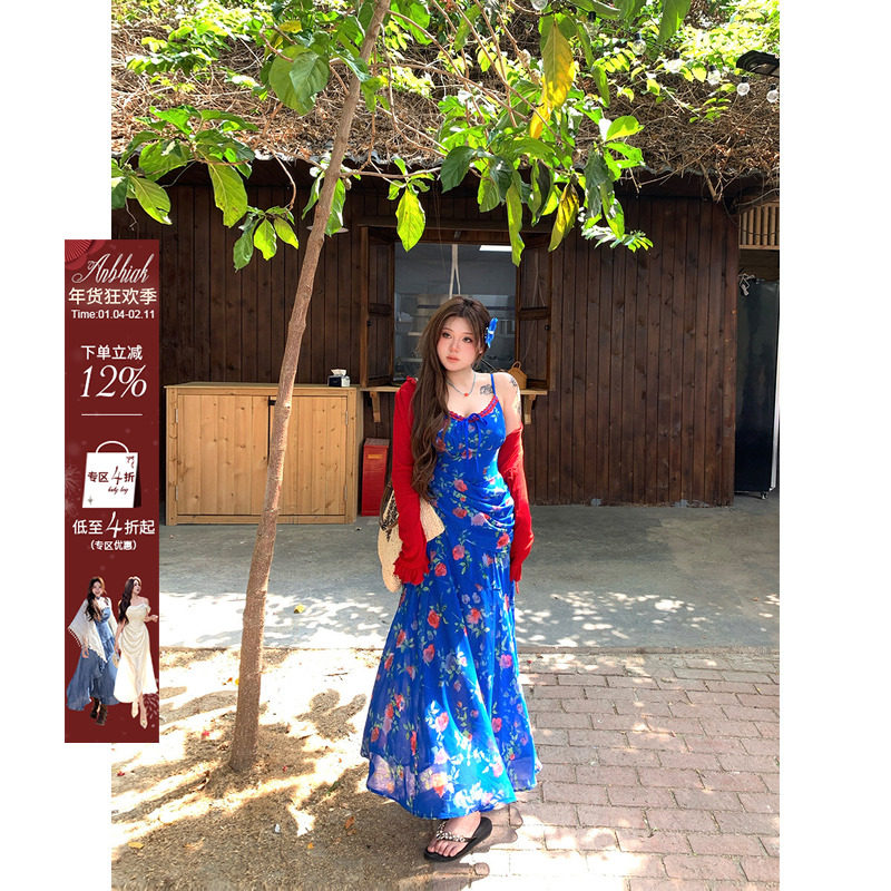 安妮不火 蓝礁红槿印花v领鱼尾雪纺吊带裙微胖大码收腰碎花连衣裙,女装/女士精品,连衣裙,淘宝优惠券,粉丝福利购,淘宝优惠卷
