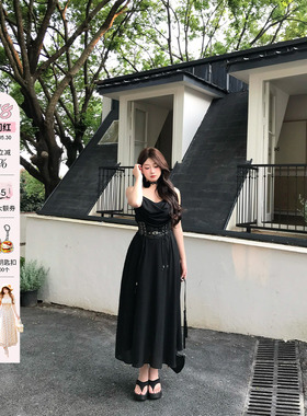 安妮不火 墨羽纤腰高级感收腰荡领吊带裙女微胖大码黑色吊带长裙