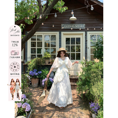 安妮不火 似水梨花浪漫重工蕾丝绣花仙裙女微胖大码设计感连衣裙